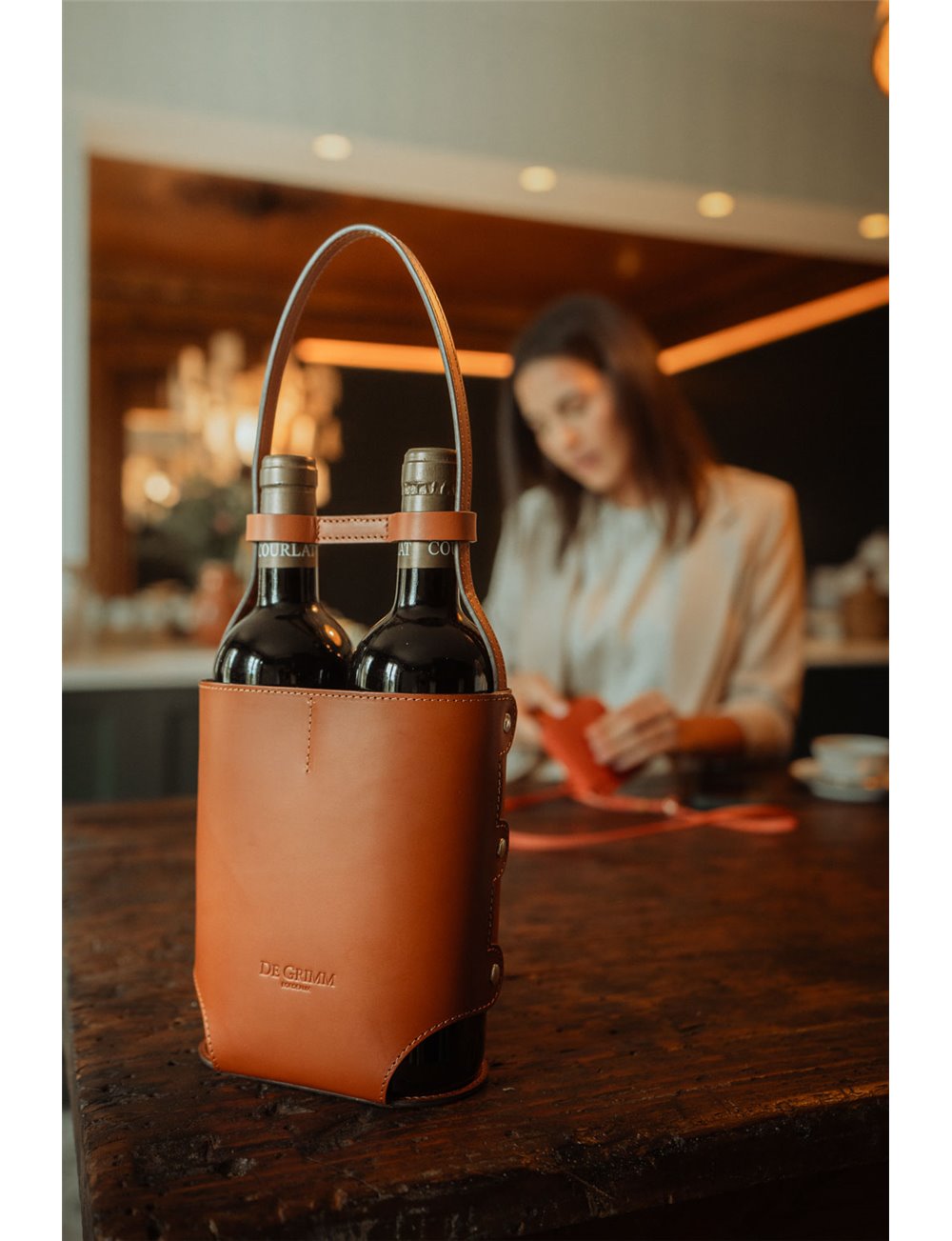 Luxury leather duo wine bottle carrier